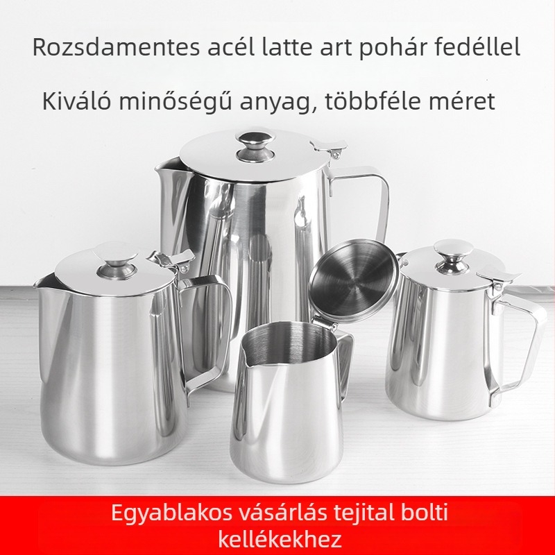 Rozsdamentes acél latte art kancsó fedővel, hegyes kifolyócsővel és vastagabb testtel