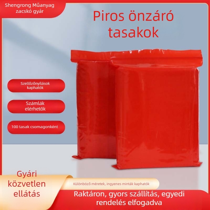 Vörös, vastagított zipzáras műanyag tasak általános csomagoláshoz, 1.5 cm zárócsíkkal
