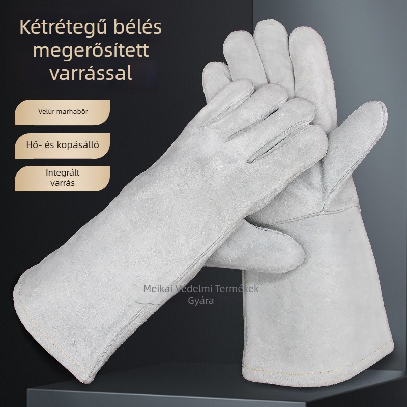 Két réteg borjúbőrből készült hegesztőkesztyű fleece-béléssel, hosszú mandzsetta, szürke, kopásálló