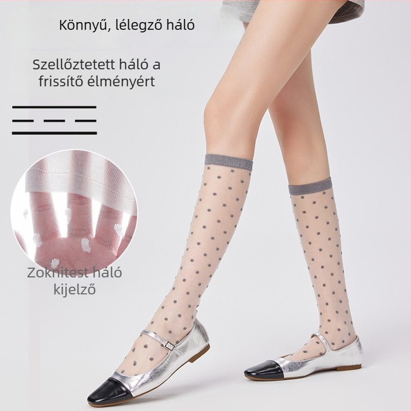 Női vádlizokni nyárra, légáteresztő hálós szerkezet, kollegista stílus, pöttyös minta, egyszínű, pamut
