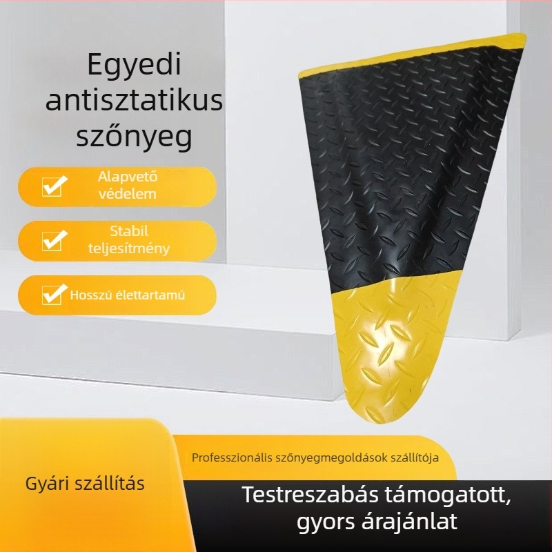 Sárga figyelmeztető élű, különleges alakú antistatikus padlómatrac, csúszásmentes, kopásálló, fáradtságmentes, illatmentes, magas rugalmasságú, műhelyi álló matrac.