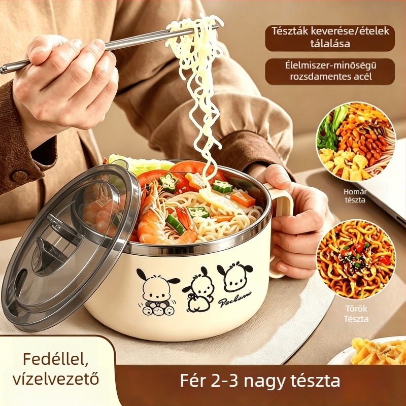 Rozsdamentes acélból készült instant tészta tál fedővel, szűrő funkcióval, kollégiumi étkezőknek