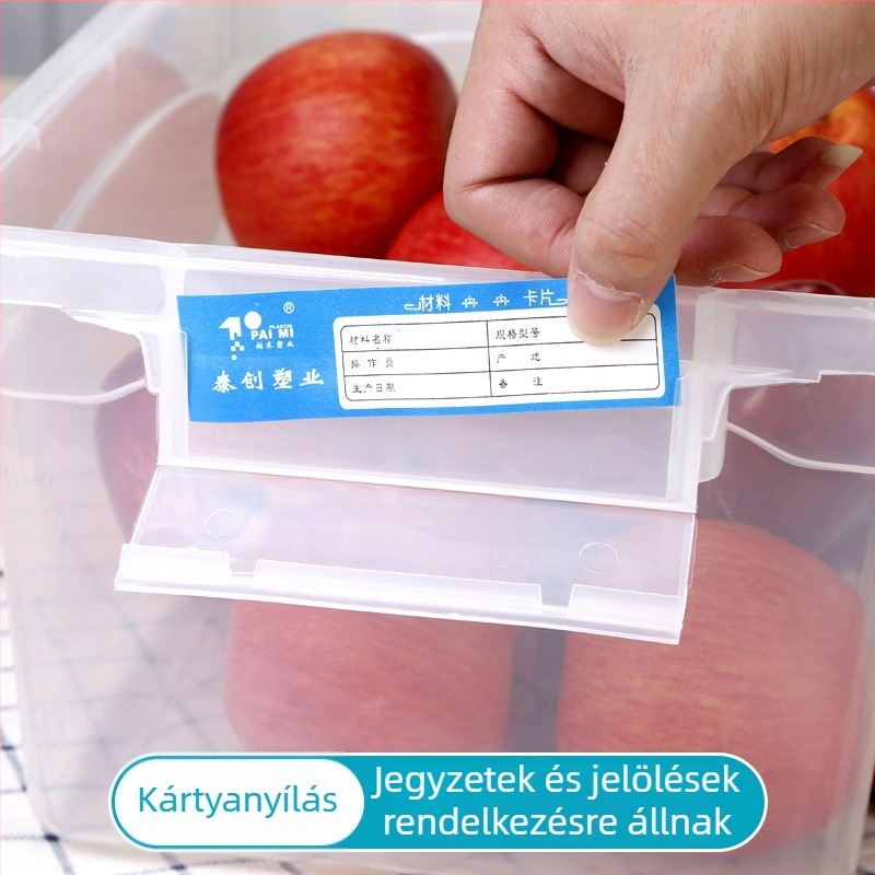téglalap alakú, nagy kapacitású élelmiszertároló doboz konyha és szálloda használatra, címke/azonosító rekesszel