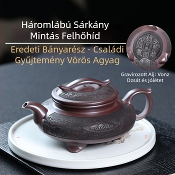 Yixing lila homok teáskanna, kézzel faragott sárkány és teknősbéka, háromlábú felhőhíd motívum, eredeti vörös agyag