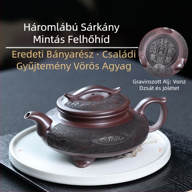 Yixing lila homok teáskanna, kézzel faragott sárkány és teknősbéka, háromlábú felhőhíd motívum, eredeti vörös agyag