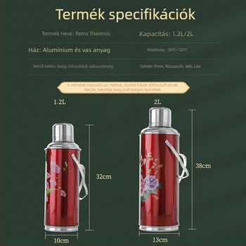 Régi stílusú termosz üveg belsővel, teához és forró vízhez, hordozható szigetelt fém tartály