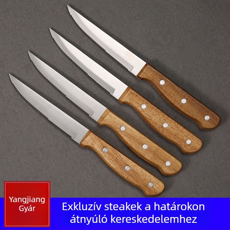 Raktáron: Rozsdamentes acélból készült nyugati stílusú steak kés akácfa nyéllel, otthoni használatra, tükörfényes penge, penge hossz 11,5 cm, nyél hossz 11,2 cm