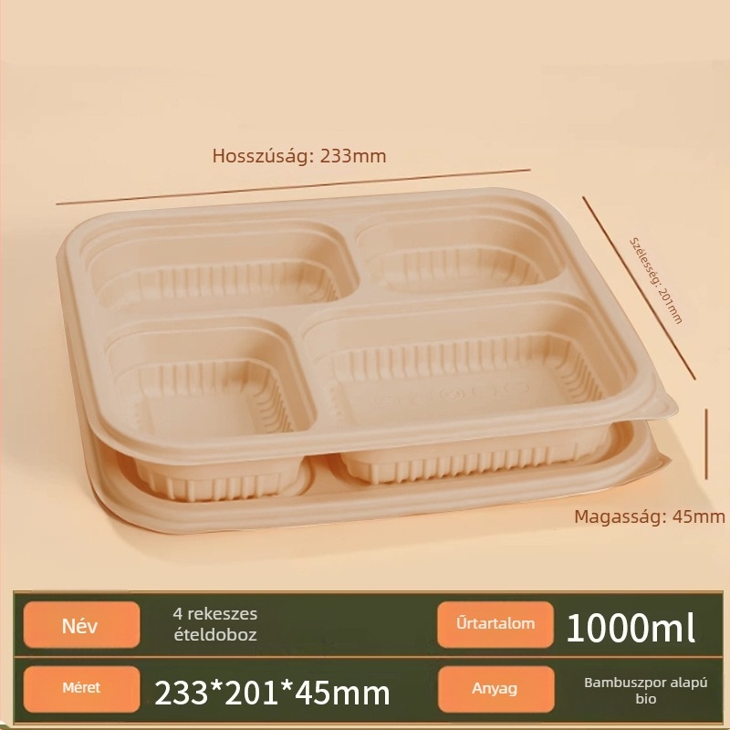 1000 ml egyszer használatos biológiailag lebomló bambusz rostból készült ebédes doboz mikrohullámú sütőben használható négy rekesszel
