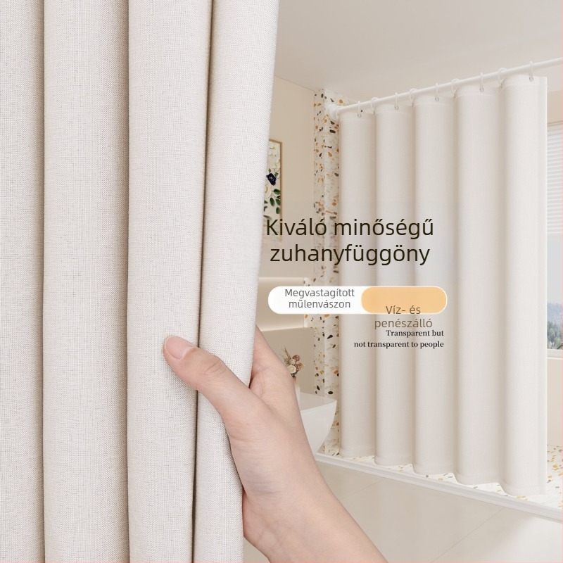 Fürdőszobai zuhanyfüggöny készlet, vízálló lenvászon anyag, penészmentes, fúrás nélküli szerelés
