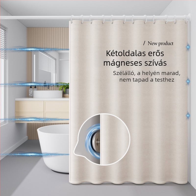 Fürdőszobai zuhanyfüggöny készlet, vízálló lenvászon anyag, penészmentes, fúrás nélküli szerelés