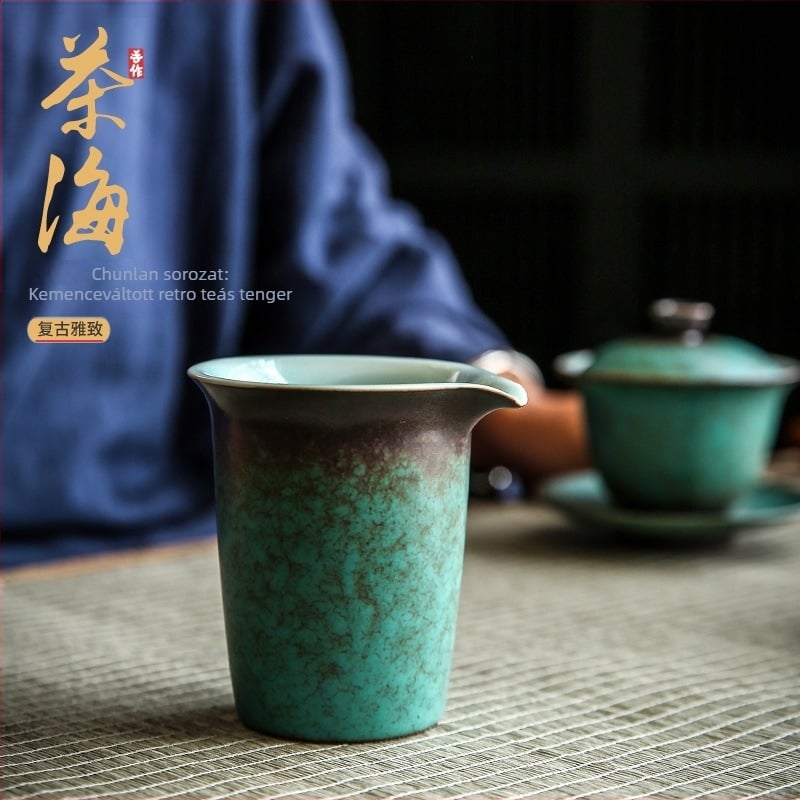Japán stílusú kerámia teás készlet, nagy méretű, kemencében égetett máz, türkizzöld színű, otthoni használatra