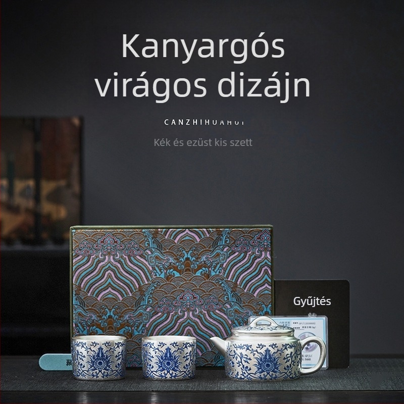 Ívelt ágak és virágmotívummal díszített fényűző ezüst teáskészlet