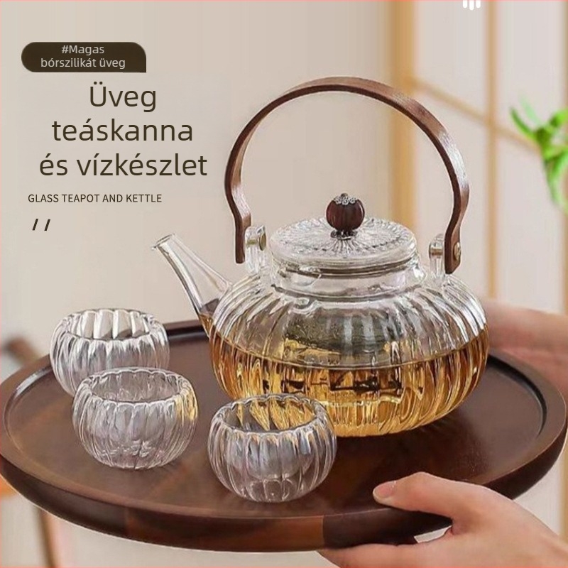 Üveg teáskanna fogantyúval, hőálló és szigetelt, virágos, gyümölcsös és gyógyteákhoz