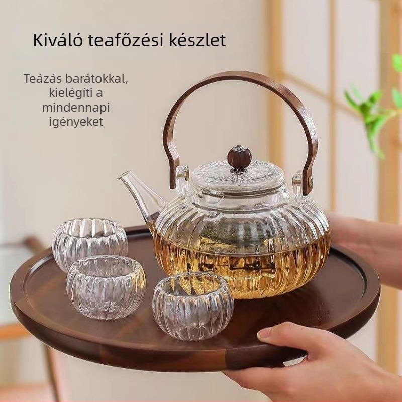 Üveg teáskanna fogantyúval, hőálló és szigetelt, virágos, gyümölcsös és gyógyteákhoz