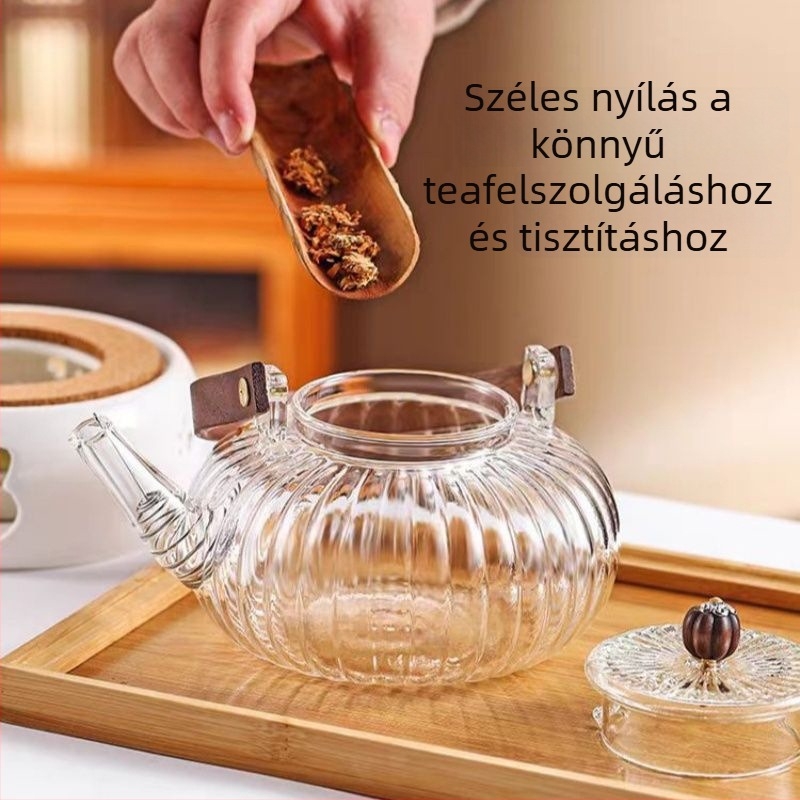 Üveg teáskanna fogantyúval, hőálló és szigetelt, virágos, gyümölcsös és gyógyteákhoz
