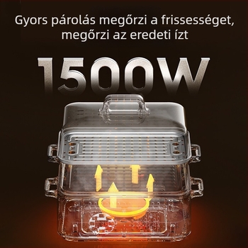 Teljes acélból készült elektromos gőzölő, háromszintes kialakítás, nagy kapacitású, 10 L feletti, sokfunkciós edény gőzölésre, főzésre, braisingre, párolásra, hot pot és sütésre, 304 rozsdamentes acél belső edény, érintéses vezérlés, 220V, 1500W