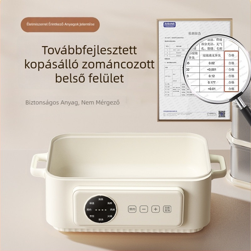Teljes acélból készült elektromos gőzölő, háromszintes kialakítás, nagy kapacitású, 10 L feletti, sokfunkciós edény gőzölésre, főzésre, braisingre, párolásra, hot pot és sütésre, 304 rozsdamentes acél belső edény, érintéses vezérlés, 220V, 1500W