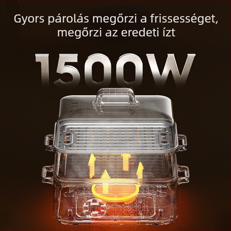 Teljes acélból készült elektromos gőzölő, háromszintes kialakítás, nagy kapacitású, 10 L feletti, sokfunkciós edény gőzölésre, főzésre, braisingre, párolásra, hot pot és sütésre, 304 rozsdamentes acél belső edény, érintéses vezérlés, 220V, 1500W
