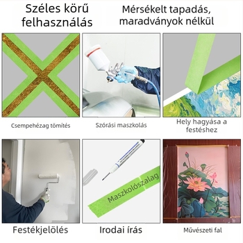 Zöld textúrált maszkoló szalag, ragasztó nélküli és maradványmentes írásra és jelölésre, művészethez és tervezéshez, szélesség 10–50 mm, hossz 10/20 m.