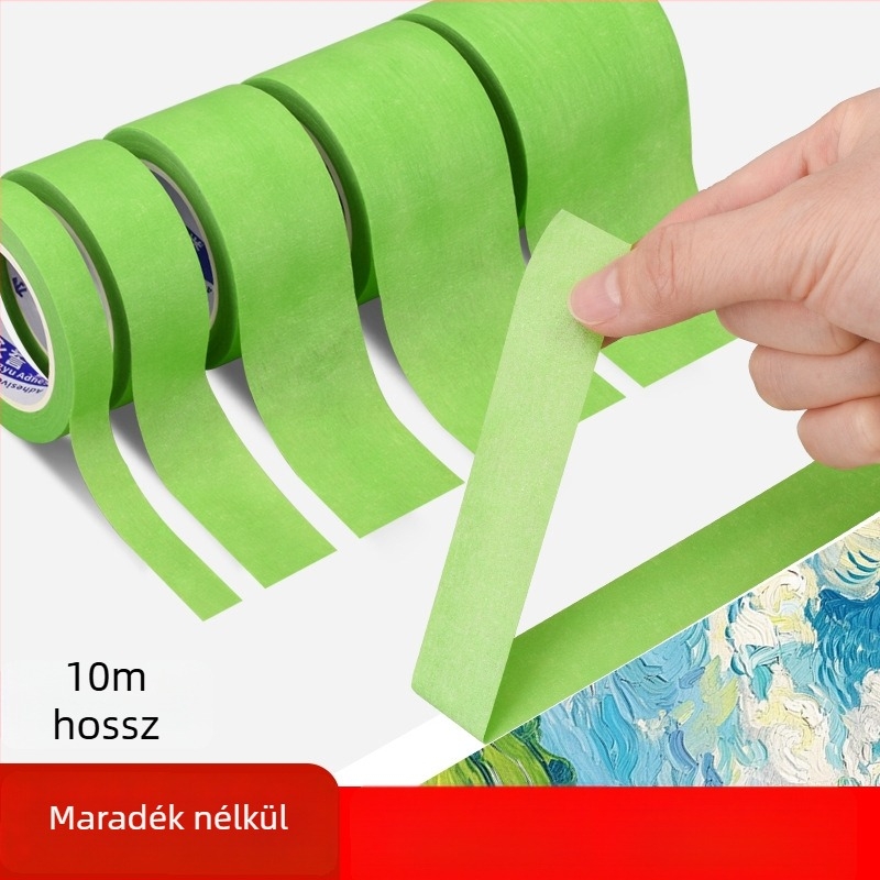 Zöld textúrált maszkoló szalag, ragasztó nélküli és maradványmentes írásra és jelölésre, művészethez és tervezéshez, szélesség 10–50 mm, hossz 10/20 m.