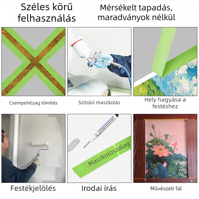 Zöld textúrált maszkoló szalag, ragasztó nélküli és maradványmentes írásra és jelölésre, művészethez és tervezéshez, szélesség 10–50 mm, hossz 10/20 m.