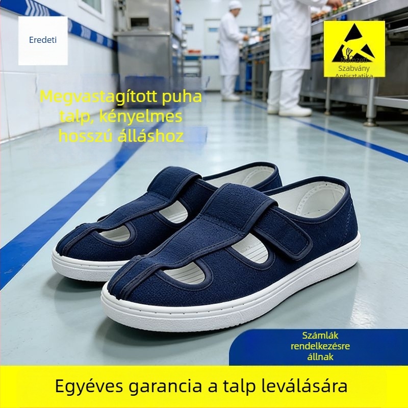 ESD-tanúsított antistatikus négylyukas cipő PVC talppal, légáteresztő és szagtalan, tiszta helyiségekhez élelmiszer- és gyógyszergyártásban