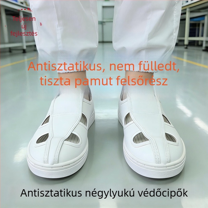 ESD-tanúsított antistatikus négylyukas cipő PVC talppal, légáteresztő és szagtalan, tiszta helyiségekhez élelmiszer- és gyógyszergyártásban