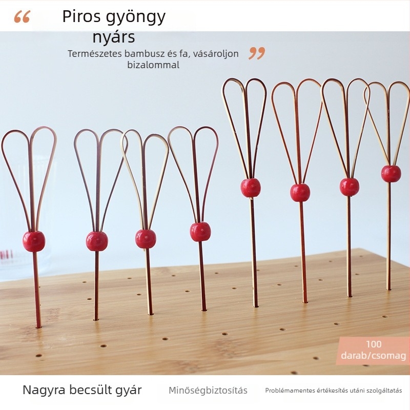 Bambusz koktélpálcikák piros gyöngyökkel, egyszer használatos gyümölcs- és koktélpálcák, 100 darab, kávézók és éttermek számára