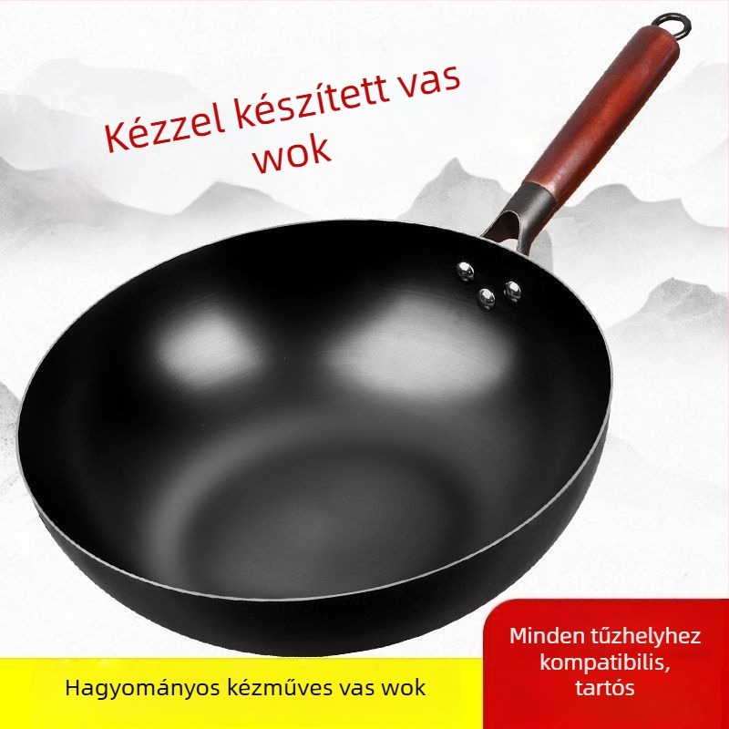 Kézzel készített kis vas wok serpenyő, tapadásmentes bevonattal, indukciós főzőlaphoz alkalmas, 30 cm
