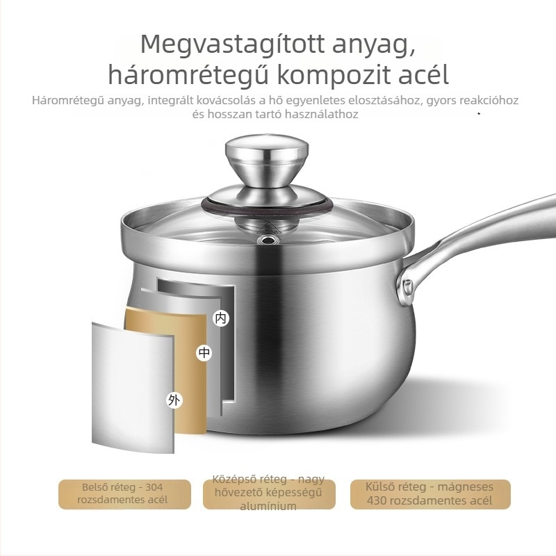 304 rozsdamentes acél tejes fazék, vastag háromréteg alj, bebek ételekhez való edény, multifunkcionális fazék párolóbetéttel, alkalmas gáztűzhelyre és indukciós főzőlapra