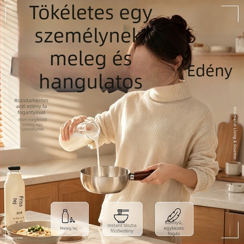 Rozsdamentes acél tejfazék egy személyre, bevonat nélküli, kompakt főzőedény indukciós főzőlaphoz