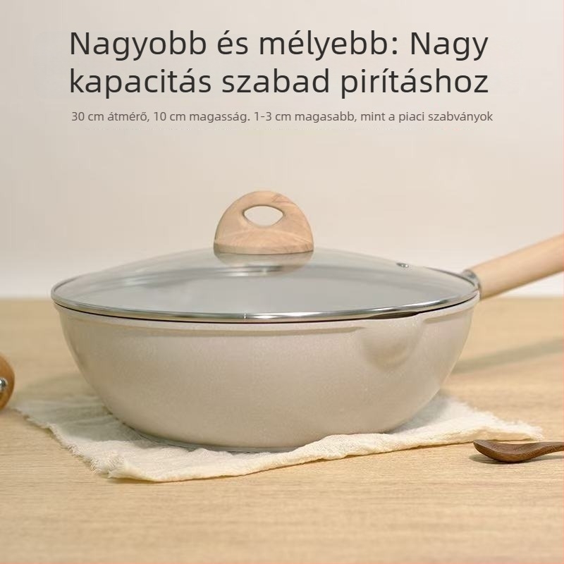 Maifan kőből készült wok, tapadásmentes bevonattal, lapos és mély alap, steakhez, üvegfedő, elegáns dizájn