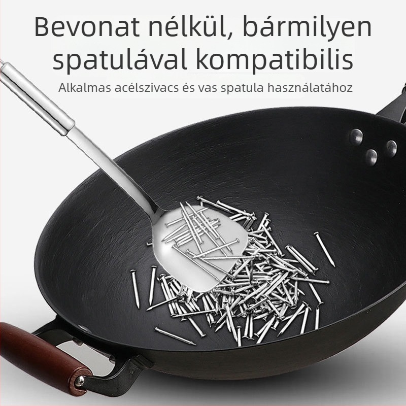 Hagyományos öntöttvas wok, bevonat nélküli, háztartási használatra, kerek és sík aljzattal, indukciós vagy gáztűzhellyel kompatibilis