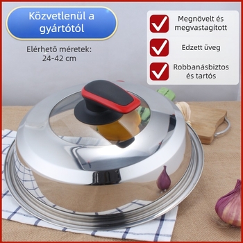 Rozsdamentes acél edényfedő edzett üveggel, 24–40 cm, extra magas és vastag, átlátszó, otthoni használatra