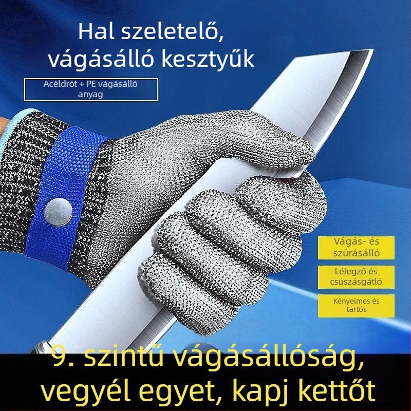 9 szintű vágásvédelmi kesztyű rozsdamentes acélhuzallal, harapás- és áthatolás elleni védelem, zöldségek vágására és hús feldolgozásához