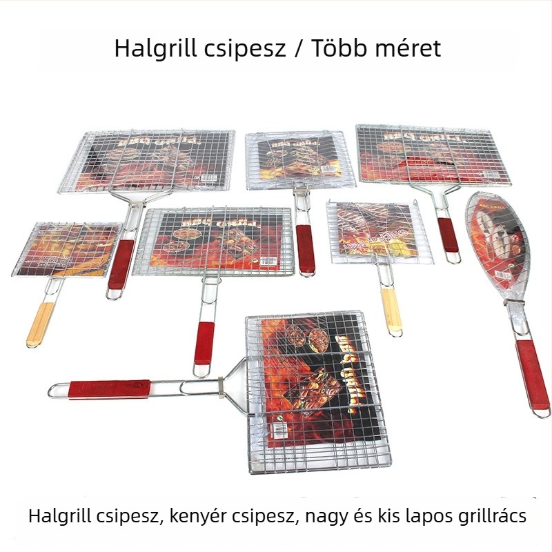 Nagy grillklipsz készlet: egy- és dupla halsclippek, kenyérklipsz, hat hamburgerklipsz, grillháló