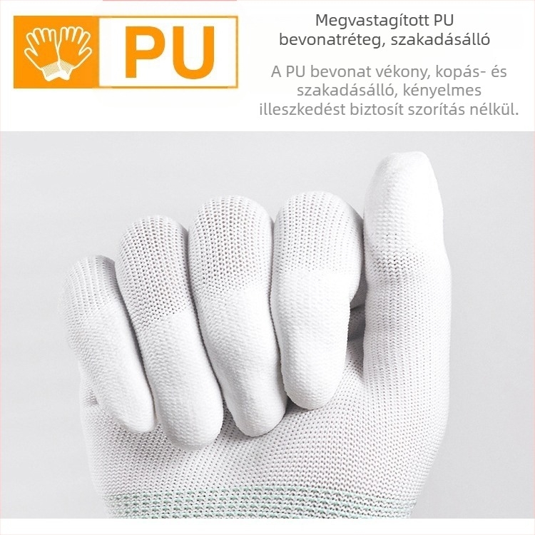 PU bevonat tenyér- és ujjkesztyű, légáteresztő, vékony nylonból, munkavédelmi, antistatikus, pormentes, csúszásmentes, kopásálló, fehér