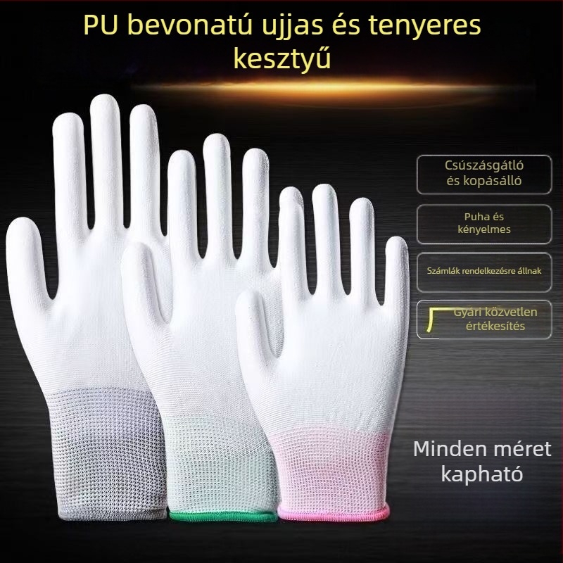PU bevonat tenyér- és ujjkesztyű, légáteresztő, vékony nylonból, munkavédelmi, antistatikus, pormentes, csúszásmentes, kopásálló, fehér