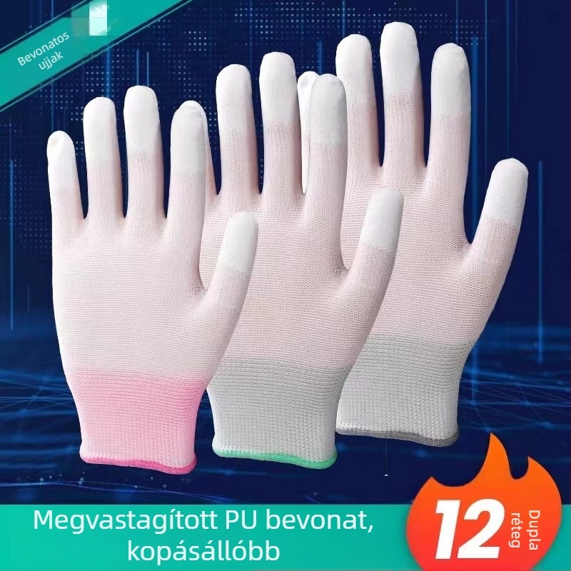 PU bevonat tenyér- és ujjkesztyű, légáteresztő, vékony nylonból, munkavédelmi, antistatikus, pormentes, csúszásmentes, kopásálló, fehér