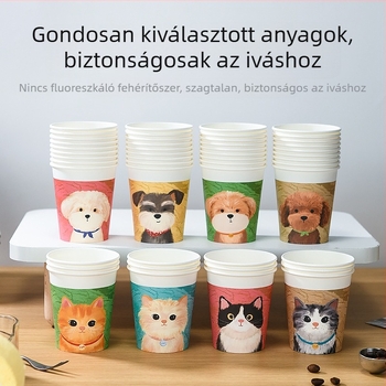 Olajfestés-stílusú aranyos kiskutya mintával egyszer használatos papírpohár, 250 ml, vastított kivitel, háztartási használatra, 50 darabos csomag
