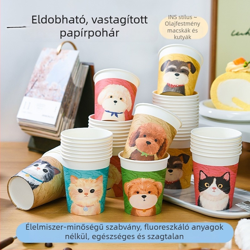Olajfestés-stílusú aranyos kiskutya mintával egyszer használatos papírpohár, 250 ml, vastított kivitel, háztartási használatra, 50 darabos csomag