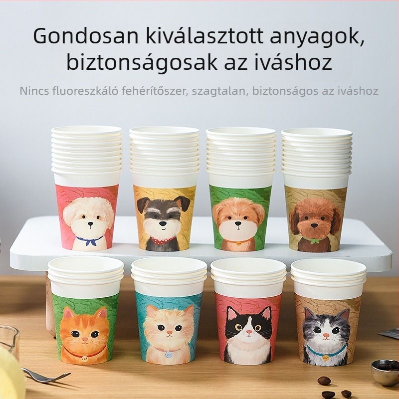 Olajfestés-stílusú aranyos kiskutya mintával egyszer használatos papírpohár, 250 ml, vastított kivitel, háztartási használatra, 50 darabos csomag