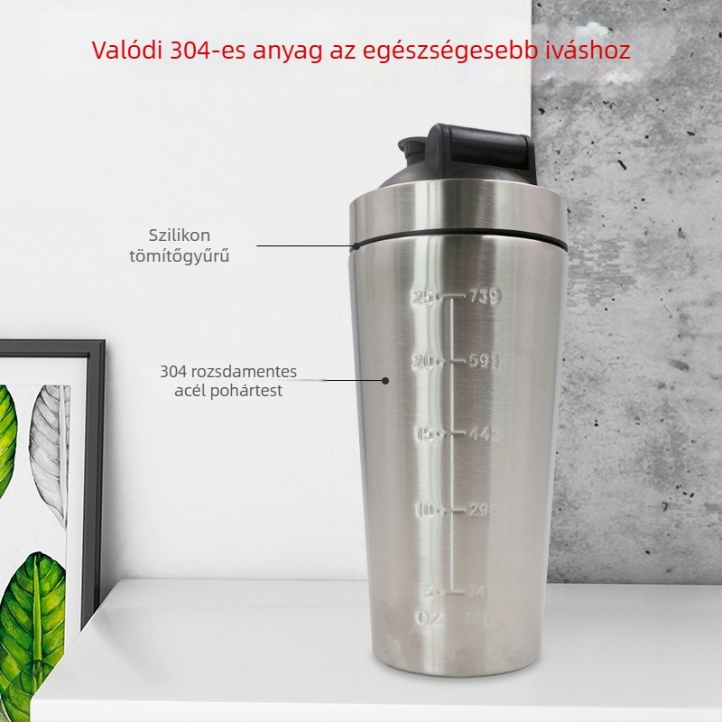 304 rozsdamentes acél shaker palack, 750 ml, egyrekeszes kialakítás skálával, nagy kapacitású, kültéri edzéshez