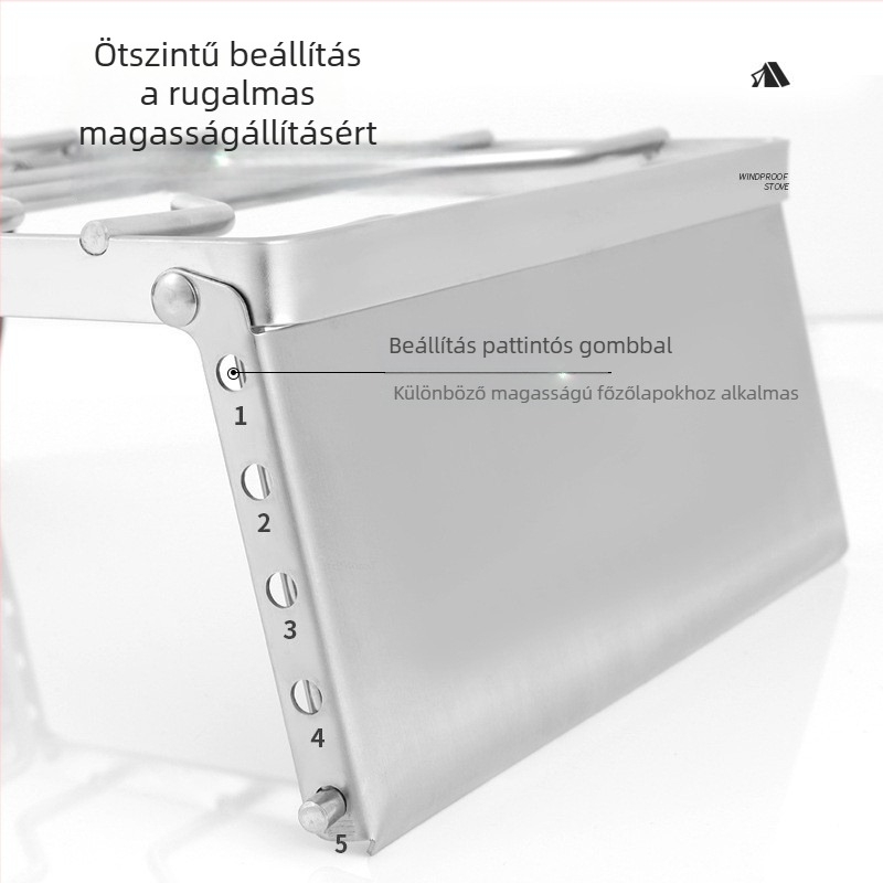 Szélvédett kemping fazéktartó rozsdamentes acélból — hordozható tűzhely- és grillsütő állvány