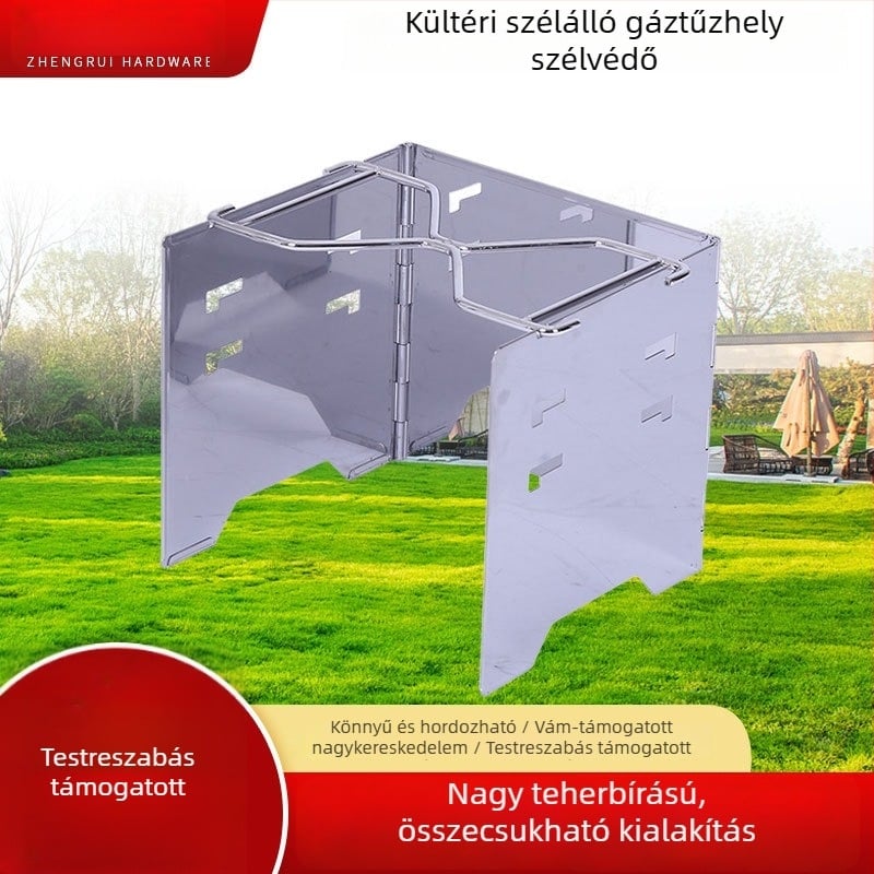 Kültéri szélvédő tűzhelyhez, hordozható rozsdamentes acél grill-tartó és tepsi-tartó.