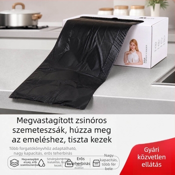 Fekete vastagított szemeteszsákok húzózsinóros mellény-stílusban, szakadásállóak, irodai és konyhai használatra
