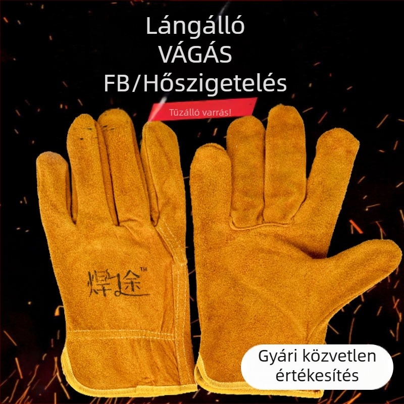 Rövid hegesztőkesztyű marhabőrből, teljes bőr, vastított, lángálló, hőszigetelő, égésvédő kesztyű