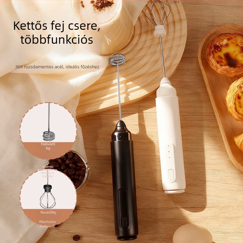 Kézi elektromos tejhabosító porvédő sapkával, függőleges kialakítás, újratölthető kétfejű tejhabosító kávéhoz és tojásokhoz