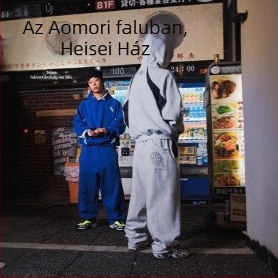 Uniszex kapucnis pulóver és melegítő szett - őszi-téli, magas utcai japán street style, bő szabás