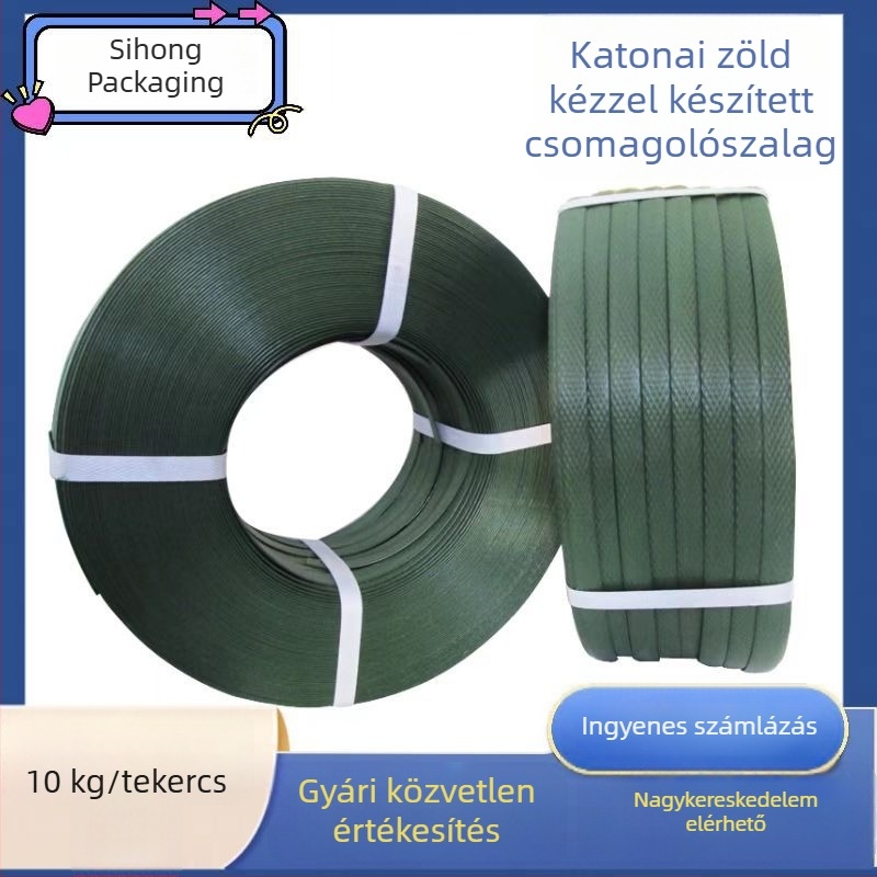 Katonai zöld PVC csomagolóöv, kézi csomagolóöv, 14 mm szélesség, 1,4 mm vastagság, húzóerő 246,9 kg, nettó súly 10 kg